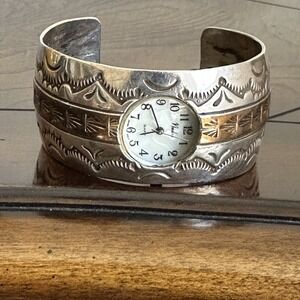 Navajo Ken Mary Bill Watch‎ Cuff Bracelet 5.75 Signed Sterling 52.8g Works